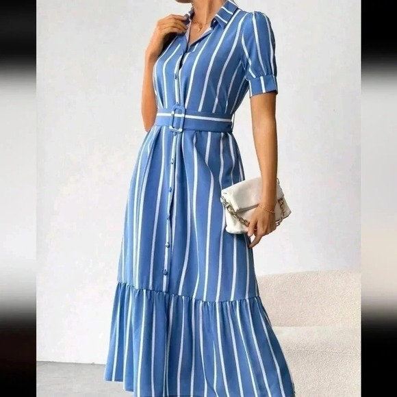 Striped Print Ruffle Hem Belted Shirt Dress - Picture 3 of 4
